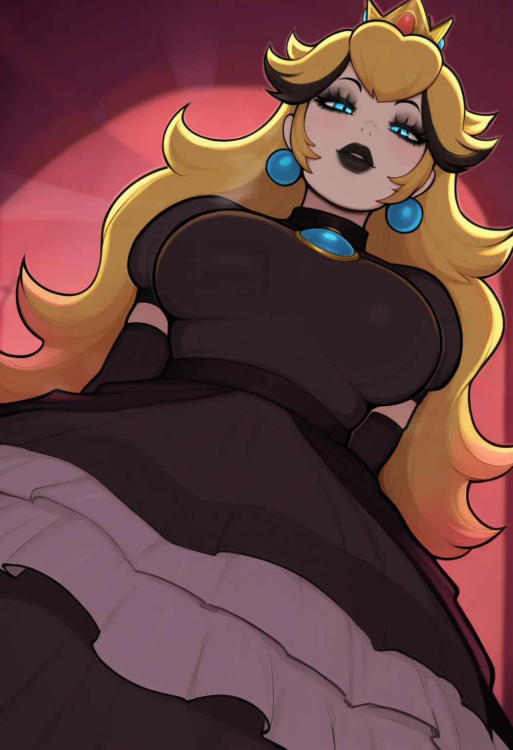 1girl, solo, princess peach, impossible dress, makeup, gothic, black lips, streaked hair, black hair, blonde hair, dutch angle, looking at viewer, long hair, crown,
masterpiece, best quality, <lora:afrobull-guy90-Illust-Lycorisv1:1>, afbul