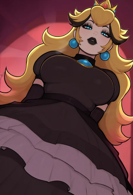 1girl, solo, princess peach, impossible dress, makeup, gothic, black lips, streaked hair, black hair, blonde hair, dutch angle, looking at viewer, long hair, crown,
masterpiece, best quality, <lora:afrobull-guy90-Illust-Lycorisv1:1>, afbul