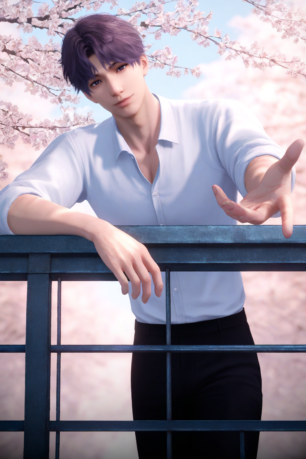 <lora:rafayel-NAI:0.7>,Rafayel, 1boy, male focus, solo, short hair, looking at viewer, shirt, white shirt, collared shirt, pants, black pants, cherry blossoms, outdoors, day, against railing, outstretched arm, railing, purple hair, yaoi,bara,male focus,very awa,masterpiece,best quality,amazing quality,nsfw,uncersored,highres,best quality,amazing quality,best aesthetic,absurdres,