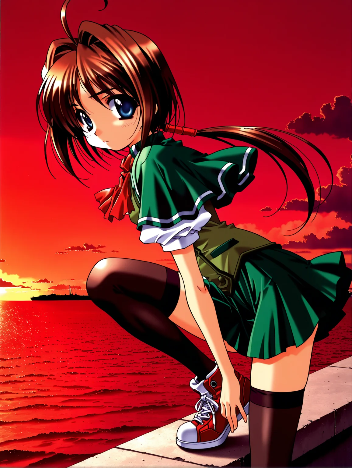 masterpiece,best quality,amazing quality,
1girl,solo,
<lora:wakatsuki_kotomi_ilxl_v1.0:1>,w_kotomo,ahoge,brown hair,blue eyes,low ponytail,long hair,
k_clothes,green capelet,ascot,green vest,puffy short sleeves,green pleated skirt,black_thighhighs,sneakers,
<lora:solas_ilxl_v1:1>,ocean,red sky,cloud,