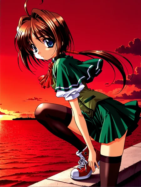 masterpiece,best quality,amazing quality,
1girl,solo,
<lora:wakatsuki_kotomi_ilxl_v1.0:1>,w_kotomo,ahoge,brown hair,blue eyes,low ponytail,long hair,
k_clothes,green capelet,ascot,green vest,puffy short sleeves,green pleated skirt,black_thighhighs,sneakers,
<lora:solas_ilxl_v1:1>,ocean,red sky,cloud,