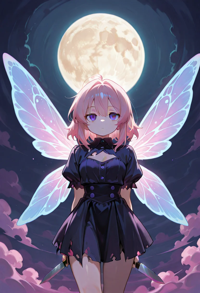 <lora:CivChan:0.8> civchan, pink hair, purple eyes, emotionless, fairy wings, big wings, colorful, ripped clothing, torn clothing, holding knife behind back, pink dust, dark, moon,, masterpiece, best quality, high quality, highres, absurdres,