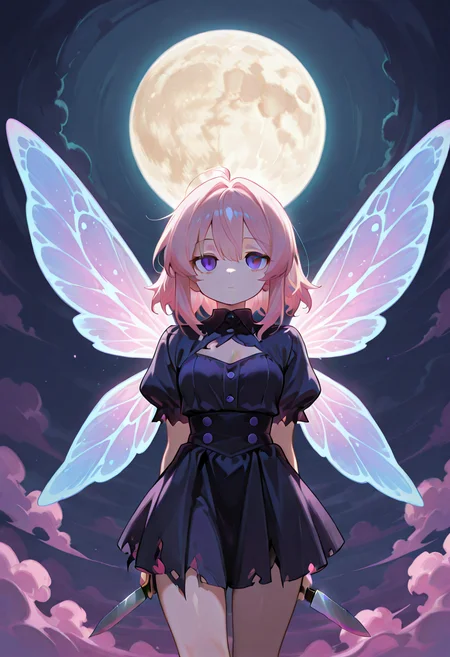 <lora:CivChan:0.8> civchan, pink hair, purple eyes, emotionless, fairy wings, big wings, colorful, ripped clothing, torn clothing, holding knife behind back, pink dust, dark, moon,, masterpiece, best quality, high quality, highres, absurdres,