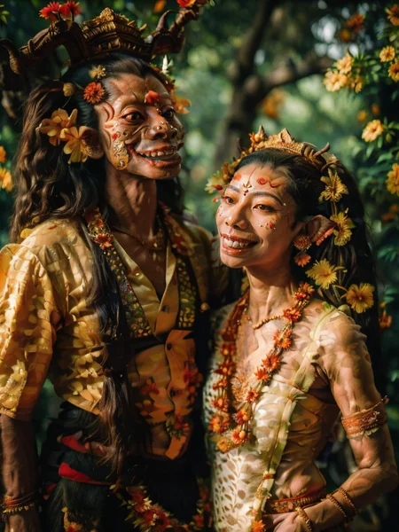 a portrait of loving couple,looking at camera,<lora:wereanimal:0.5>,<lora:ARWBarongBali :0.7>,barongbali creature,teeth fang,<lora:ARWJavaWeddingWoman:0.6>,portrait of java wedding woman in a colorful long kebaya traditional,beautiful javanese flower garden,<lora:FantasyRuins:0.5>,FanRu,<lora:NatureStyle_530620:0.3>,naturestyle,<lora:FantasyLandscape:0.5>,FanLan,photo \(object\),bokeh,<lora:ARWBaliGapura:0.3>,baligapura,<lora:flowers_landscape:0.3>,<lora:Night scene_20230715120543:0.3>,Night scene,