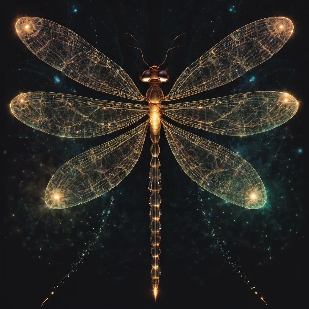 abstract representation of a dragonfly, wings formed by swirling lines of binary code, glowing particles emanating from its body, forming the shape of a DNA double helix, symbolizing the interconnectedness of all things, dark background with subtle nebula textures, by Xponentialdesign