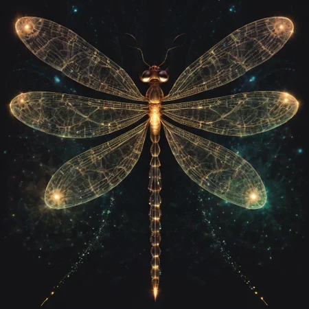 abstract representation of a dragonfly, wings formed by swirling lines of binary code, glowing particles emanating from its body, forming the shape of a DNA double helix, symbolizing the interconnectedness of all things, dark background with subtle nebula textures, by Xponentialdesign