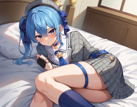 score_9, score_8_up, score_7_up, source_anime,
suiseihoshimachi, <lora:suisei-hoshimachi-ponyxl-lora-nochekaiser:1>
suisei hoshimachi, blue eyes, blue hair, choker, hair between eyes, medium hair, side ponytail, star choker,
ascot, asymmetrical legwear, belt, beret, black gloves, blue ascot, blue belt, blue bow, blue choker, bow, buttons, choker, collared shirt, crown, gloves, grey headwear, grey jacket, grey skirt, hat, jacket, jewelry, kneehighs, long sleeves, miniskirt, mismatched legwear, partially fingerless gloves, pendant, plaid, plaid jacket, plaid skirt, shirt, single kneehigh, single sock, skirt, skirt set, socks, star choker, star print, thigh strap, uneven legwear, white shirt,
indoors, bed, bed room, on side, blush, drunk,
looking at viewer, dutch angle, cowboy shot,