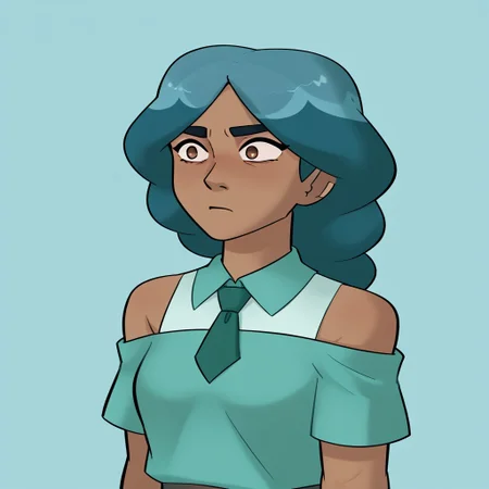 score_9, score_8_up, score_7_up, relatedguy, bust shot, solo, bare shoulders, CHMermista, simple background, one colour background, light blue background, Guilty, Downcast eyes, slumped shoulders, and a slightly ashamed expression, School Uniform, Green Tie, Green Collar Shirt, Skirt, Pleated Skirt, Short Sleeves, Long Socks,