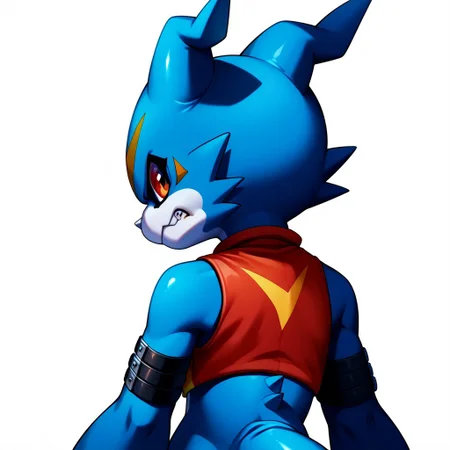veemon(character), digimon(creature), scalie, blue body, horn, red eyes, furry male, solo, 1boy, score_6_up, score_7_up, score_8, score_9, arm belt, upper body, crop top, from behind, looking back, angry, clenched teeth