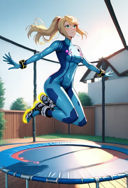 score_9,  source_anime, 1girl,  <lora:Trampoline_Pony:1> jumping on trampoline, zero suit samus aran,