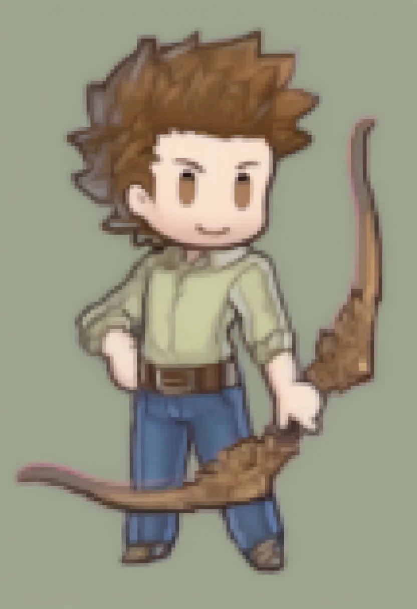 masterpiece, best quality, solo, 1boy, smile, looking at viewer, <lora:Guide-illus_Fp:1>, guidetre, brown hair, brown eyes, short hair, spiked hair, green shirt, collared shirt, belt, blue pants, <lora:Feh-Sprites-illus_Fp:1>, simple background, full body, chibi, bow \(weapon\),