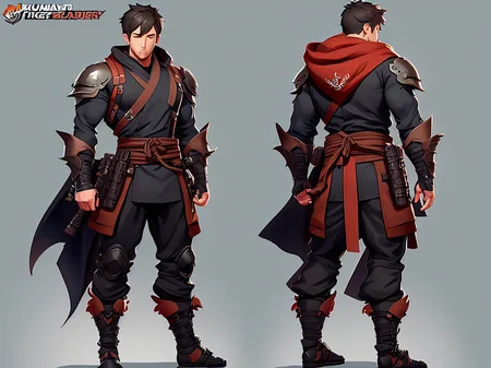 highly detailed Full body Character turnaround of a male ninja. front, side, back,  multiple views of the same character.  charturner. Subsurface scattering, rimlight,, art by smoose2