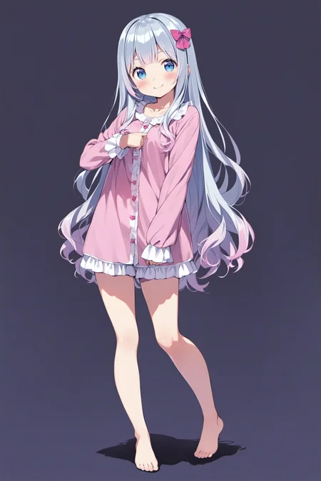 1girl, long hair, solo, izumi sagiri, pajamas, full body, bow, grey hair, standing, blue eyes, barefoot, pink bow, hair bow, looking at viewer, blush, very long hair, smile, shirt, shorts, closed mouth, simple background, white background, long sleeves, frills, pink shirt, ribbon, pink shorts, pink pajamas, collarbone, bangs, <lora:Kanzaki Hiro_XL:0.8>