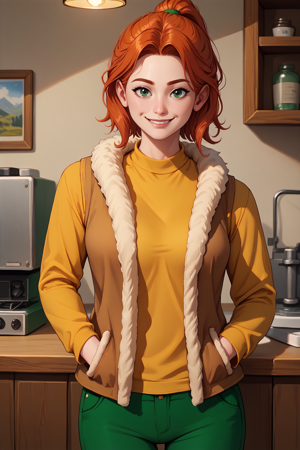 score_9, score_8_up, score_7_up BREAK 1girl, solo, <lora:NSRobinStardew:1> NSRobinStardew, ginger hair, ponytail, medium hair, green eyes,  ponytail, yellow sweater, long sleeves, brown vest, fur trimmed vest, green pants, carpenter shop, indoors, looking at the viewer, cowboy shot, slight smile