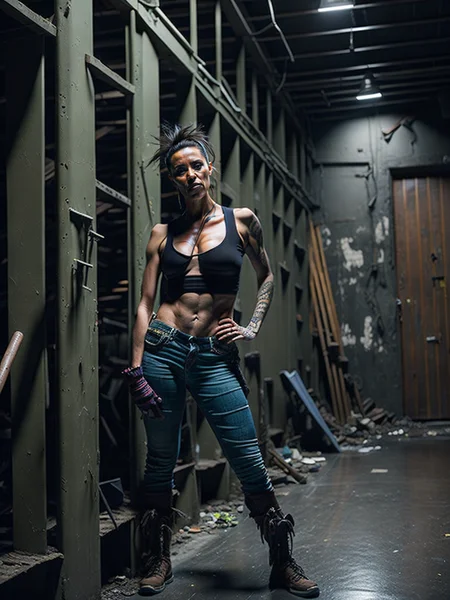 A middle aged punk woman posing
dimly lit room that appears to be in a state of disrepair,similar to a slumlord's basement. Use low lighting and shadows to convey a sense of foreboding,and make the walls and floors appear grimy and unclean. The lighting should be dim and flickering,with bulbs that are barely functional or on the verge of burning out completely. Use colors that convey a sense of decay and neglect,such as shades of brown,gray,and black. With these techniques,you can create an image that evokes a feeling of unease and discomfort,as if the viewer is peeking into a forgotten and neglected space.
(The style is made by ChatGPT)