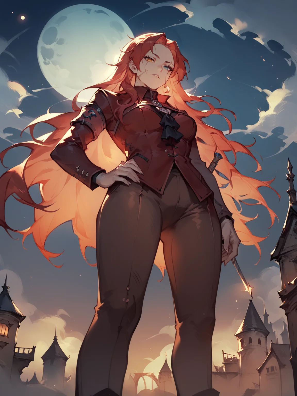 score_9, score_8_up, score_7_up, Gebura, 1woman, night, moon, red long hair, scars on face, heterochromia, red blazer, black necktie, brown pants, castle in night background, from below view, Concept Art <lora:Gebura:1> <lora:Concept Art Twilight Style SDXL_LoRA_Pony Diffusion V6 XL:1>