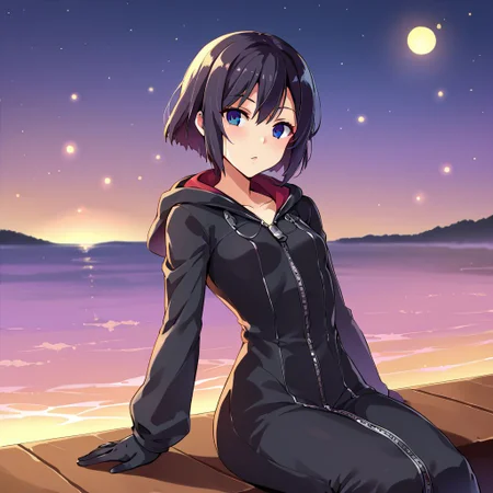 score_9, score_8_up, 1girl, xion, solo, outdoors, on a lake, flat chest, small breasts, sitting, floating lanterns in the sky, xion watching the floating lanterns, night, short hair, black hair, black coat, wide hips, narrow waist, closed coat, zipper, black pants, black gloves <lora:XionSDXL:1> <lora:BlushySDXL:1>, takeda hiromitsu style
