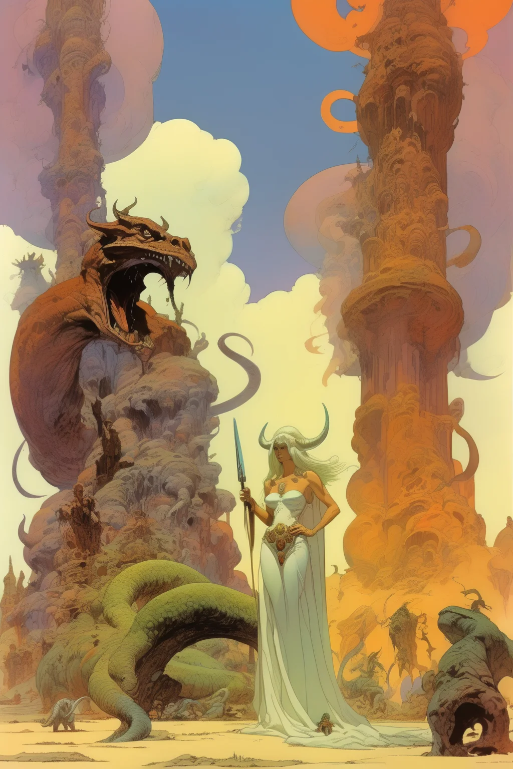 <lora:Ralph Bakshi Style:1>Ralph Bakshi Style - By Jean Giraud and Frank Frazetta and Moebius jungle fiery clouds dragons and bulls and goats and snakes and zombies and lizards and priestess and warrior and king and queen