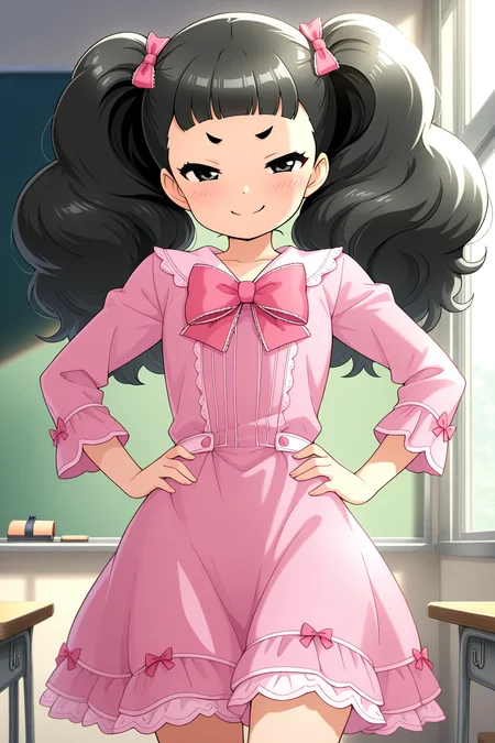 masterpiece, best quality, amazing quality, absurdres, solo, matsukiakino, smug, smile, hands on hip, black hair, pink dress, indoors, classroom, window, chalkboard