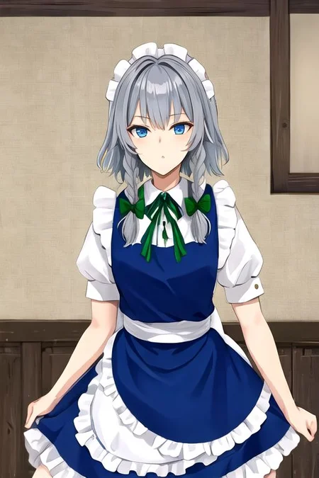 Sakuya, maid headdress, izayoi sakuya, braid, twin braids, grey hair, short hair, sakuya, solo, looking at viewer, bow, blue eyes, hair bow, green bow, bangs, maid, puffy sleeves, short sleeves, apron, dress, blue dress