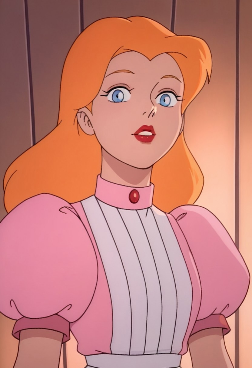 score_9_up, score_8_up, score_7_up, 1980s (style), retro artstyle, source_cartoon, rating_safe, solo 
JetLagAlice, 1girl, orange hair, blonde hair, long hair, makeup, lipstick, red lips, blue eyes, puffy sleeves, puffy short sleeves, short sleeves, dress, pink dress, apron
solo, upper body, dutch angle, looking at viewer,