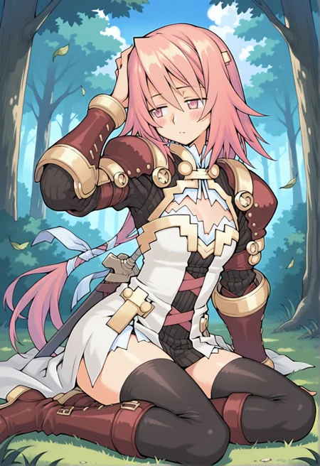 (masterpiece, best quality, newest, absurdres, highres),
white background, outdoors, blue sky, forest, cloud, wind, leaf, fantasy,
1girl, <lora:eina_(summon_night):1>eina (summon night), pink hair, pink eyes, hair ornament, blush stickers, long hair, low-tied long hair, armor, armored dress, gauntlets, cleavage, cleavage cutout, black thighhighs, leather boots, gold trim,
weapon on back, sword, sheath, cross hair ornament, white ribbon, flat chest,
yokozuwari, on grass, half-closed eyes, looking to the side, hand on own head, head tilt, hand on floor, full body,