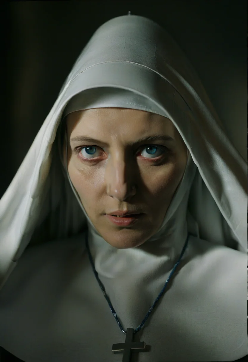<lora:TechnicolorHeaven:0.8> techniheav, a woman, blue eyes, close up, religious attire, nun, strong shadows, film still