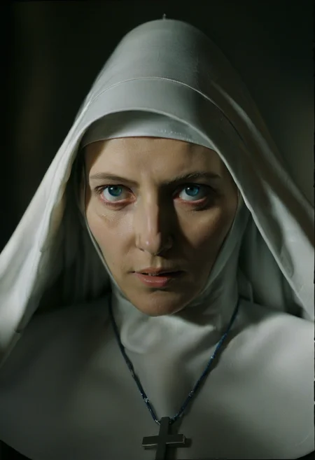 <lora:TechnicolorHeaven:0.8> techniheav, a woman, blue eyes, close up, religious attire, nun, strong shadows, film still