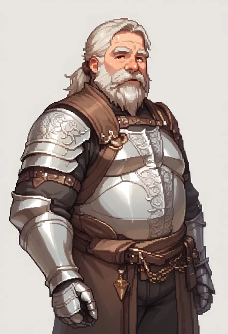 score_9, score_8_up, score_8, BREAK, solid background, Pixel_Art, direct light, no background, 
Dark Grey hair,  long ponytail, 
1boy, Oldman,((Fatoldman, fat, plump)), facial hair, long beard, hairy, beard, mature male, solo, 
O,
Brown eyes, medieval fantasy,brown leather pants, posing, metal armour, knight armour, great sword, leather gloves, metal armour, plate armour, chain mail,plate armor