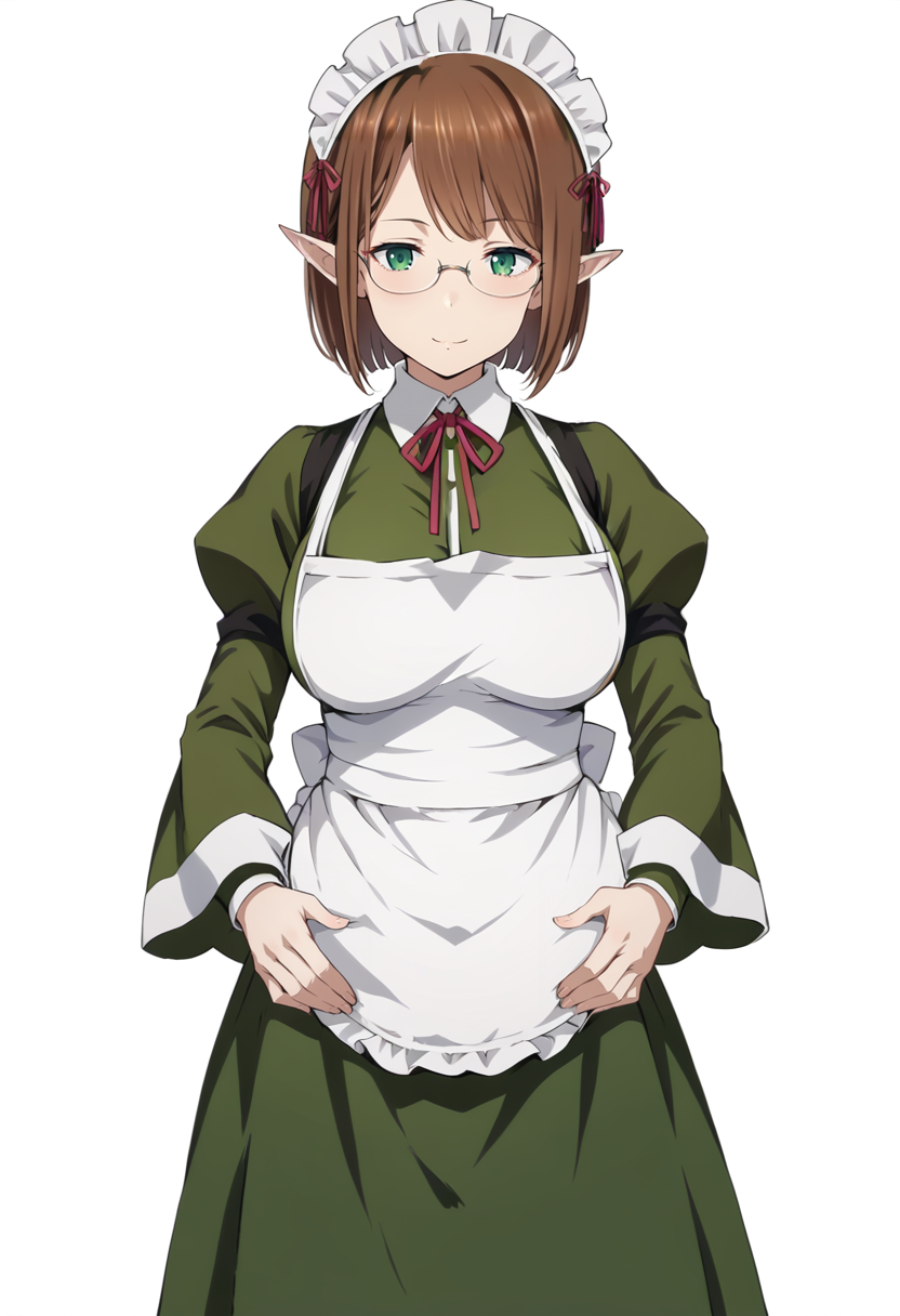 score_9, score_8_up, score_7_up, source_anime, 1girl, solo, Ein3Tu113, green eyes, brown hair, short hair, pointy ears, glasses, Wa1tress, maid headdress, green dress, Juliet sleeves, white apron, maid apron, red ribbon, neck ribbon, black pantyhose, hands on stomach, <lora:Eina Tulle - Danmachi V3 KKS Ver-000010:1>, white background, standing, smile