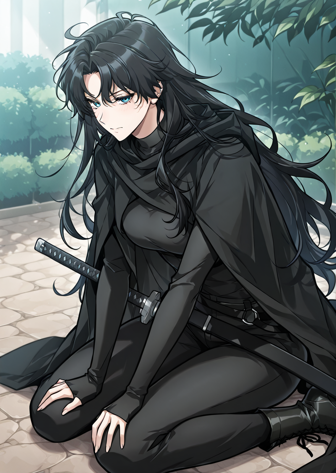 <lora:Omniscient_Readers_Viewpoint__Yoo_Joonghyuk_Female:1>
1girl, solo, black hair, long hair, wavy hair, loose hair, blue eyes, 
black outfit, black cloak, black long coat, cape, tight suit, black belt, black gloves, black pants, black boots, tactical outfit, katana, sword, sword sheath,
score_9, score_8_up, score_7_up, masterpiece, best quality, absurdres, perfect anatomy, 1girl, solo, wariza, sitting, hands on own knees, garden background