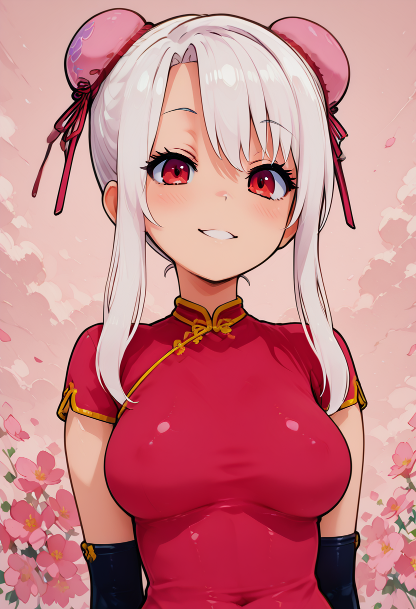 masterpiece, best quality,   medium breasts, (curvy), cute, eyelashes,  shiny skin, vivid colors,    zQipaoIllyaCitron, red eyes, hair bun, hair ribbon, sidelocks, white hair, bun cover, chinese clothes, pink dress, smile, (upper body),   , <lora:QipaoIllyaCitronOC_NAI:1.0>,  <lora:ZankuroStyle_NAI:0.7>, <lora:HaradaTakehito_NAI:0.7>,