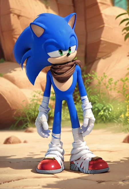 score_9, score_8_up, score_7_up, score_6_up, highly detailed,Good Colors, Good Shading, Good Eyes, Contrast Shading, male focus, 1boy, alone, Sonic, furry male, blue fur, green eyes, brown scarf, white gloves, red shoes, white bandages