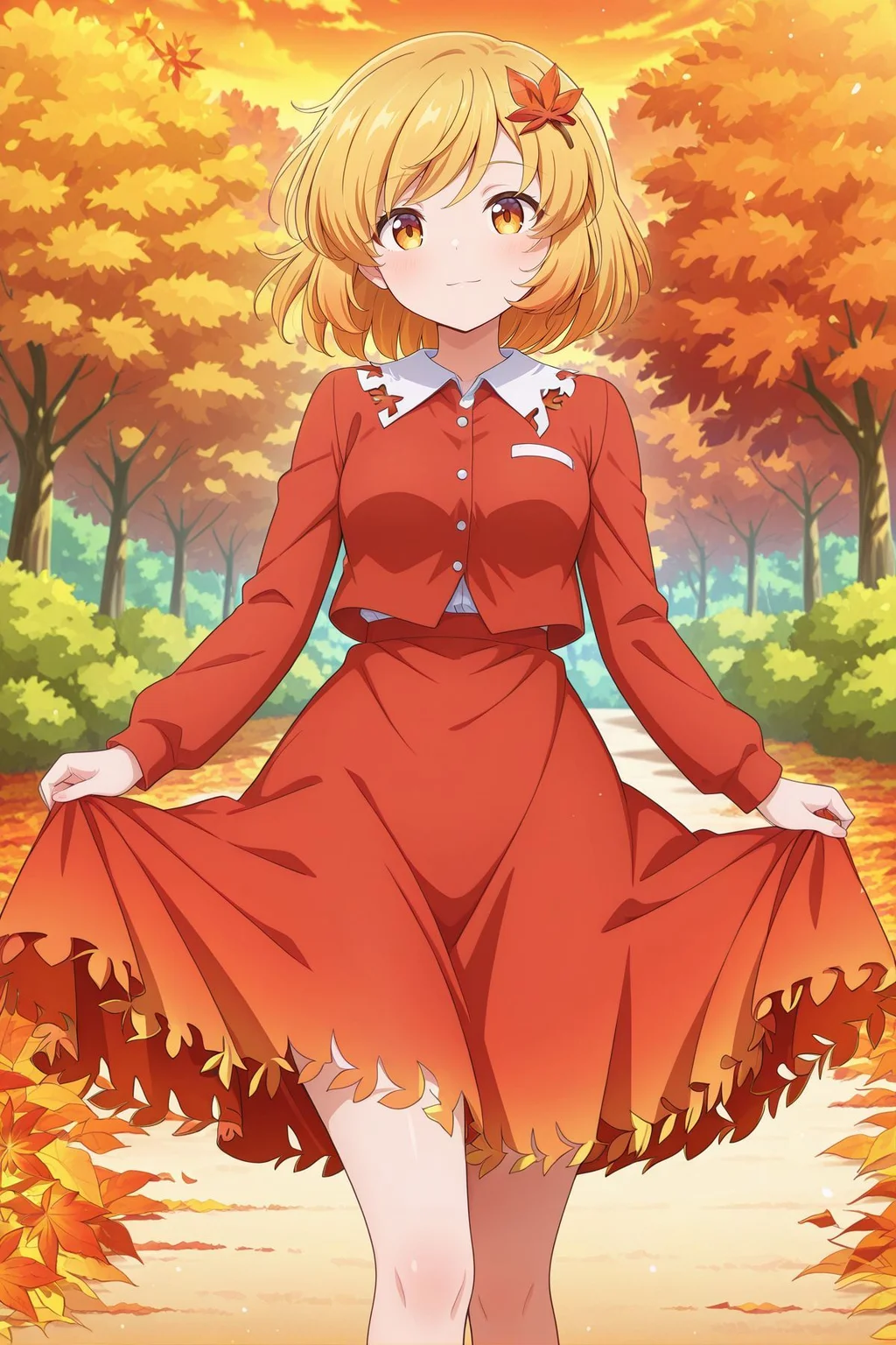 absurdres, highres, masterpiece, best quality, amazing quality, official anime artwork, screencap, anime screencap, outdoors, looking at viewer, light smile, dynamic pose, standing,
<lora:Aki-Shizuha_Illustrious:1> aki shizuha, 1girl, yellow eyes, blonde hair, short hair, small breasts,, leaf hair ornament, red shirt, red skirt, leaf skirt,