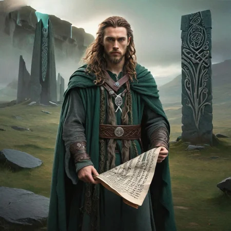 A young druid clad in a long Celtic cloak, holding an ancient scroll inscribed with runes, arcane ruins, easynegative, detailed face, looking at viewer, insightful look
