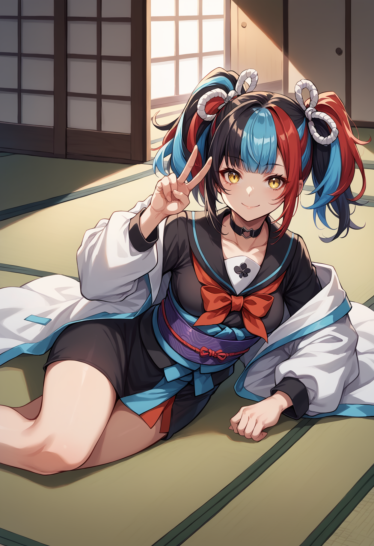 score_9, score_8_up, score_7_up, source_anime, 1girl, solo, looking at viewer, long hair, twintails, multicolored hair, black hair, red hair, blue hair, choker, japanese clothes, black serafuku, red ribbon, obi, white jacket, smile, peace sign, indoors, lying, on side, yellow eyes, hair ribbon, tatami, sliding doors, arm support, light smile, closed mouth