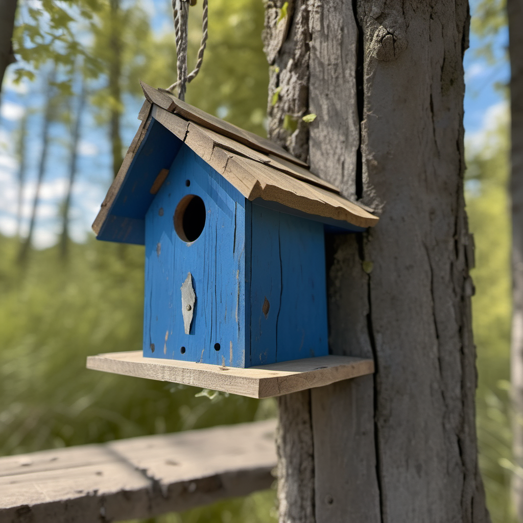 cinematic photo archviz sharp focused photo (rustical wooden bird-house:1.2) simple background, with woodplank pbr texture, painted blue with weathered cracking flaking peeling paint, showing wood    <lora:Woodplank-SDXL:0.7> . 35mm photograph, film, bokeh, professional, 4k, highly detailed