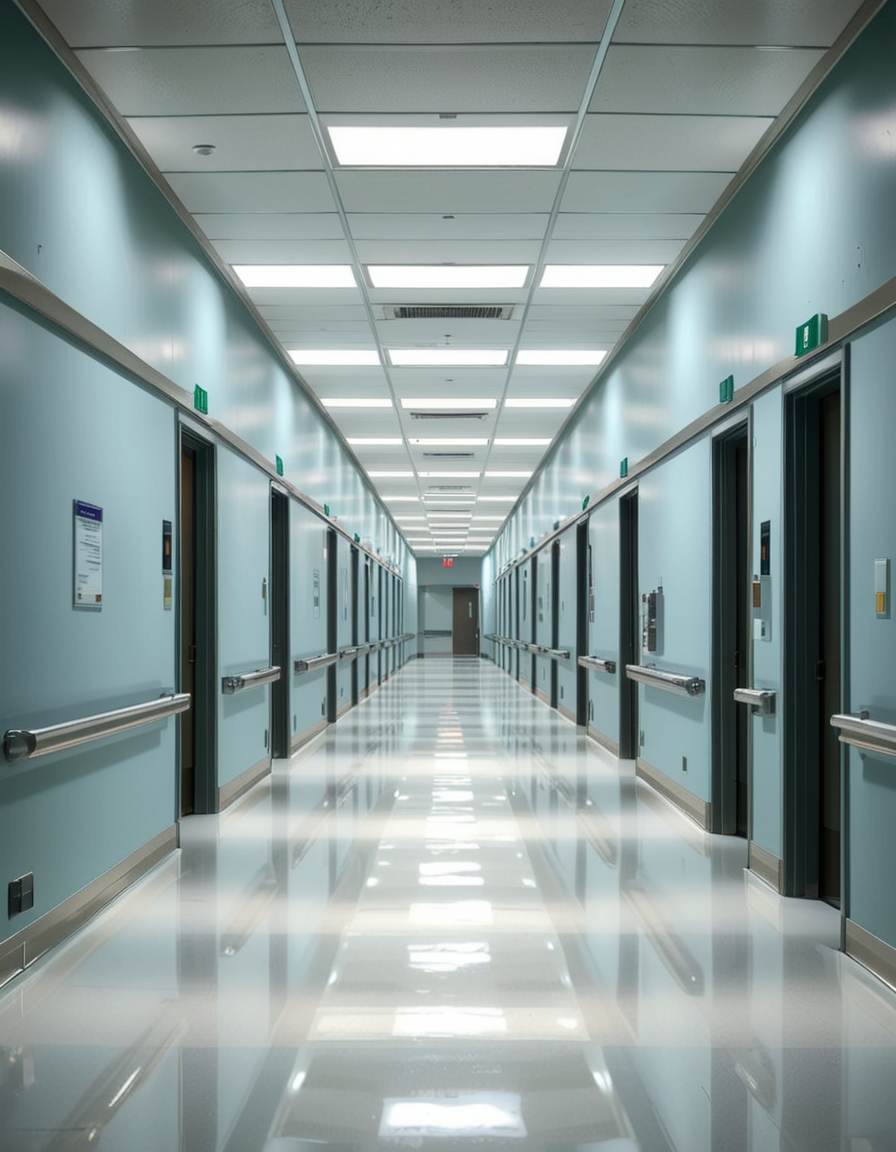 A long, sterile hospital corridor with bright white walls and a polished, reflective floor. The fluorescent ceiling lights cast a cold, clinical glow, emphasizing the cleanliness of the space. The hallway is lined with closed patient rooms, each marked with a small number plate. Stainless steel handrails run along the walls, and a few medical carts are neatly parked near the side. The corridor appears empty, creating a sense of stillness and anticipation. At the far end, a set of double doors with small glass windows leads to another section of the hospital. The atmosphere is quiet, professional, and highly sanitized, evoking a sense of order and precision.
<lora:SDXLFaeTastic2400:0.4> <lora:extremely_detailed:0.4> extremely detailed, <lora:sterile_hospital_c0rr1d0r:1>,sterile hospital c0rr1d0r, Masterpiece,best quality,hi res,8k,hi res,8k,award winning,(sharp focus, intricate, highly detailed),