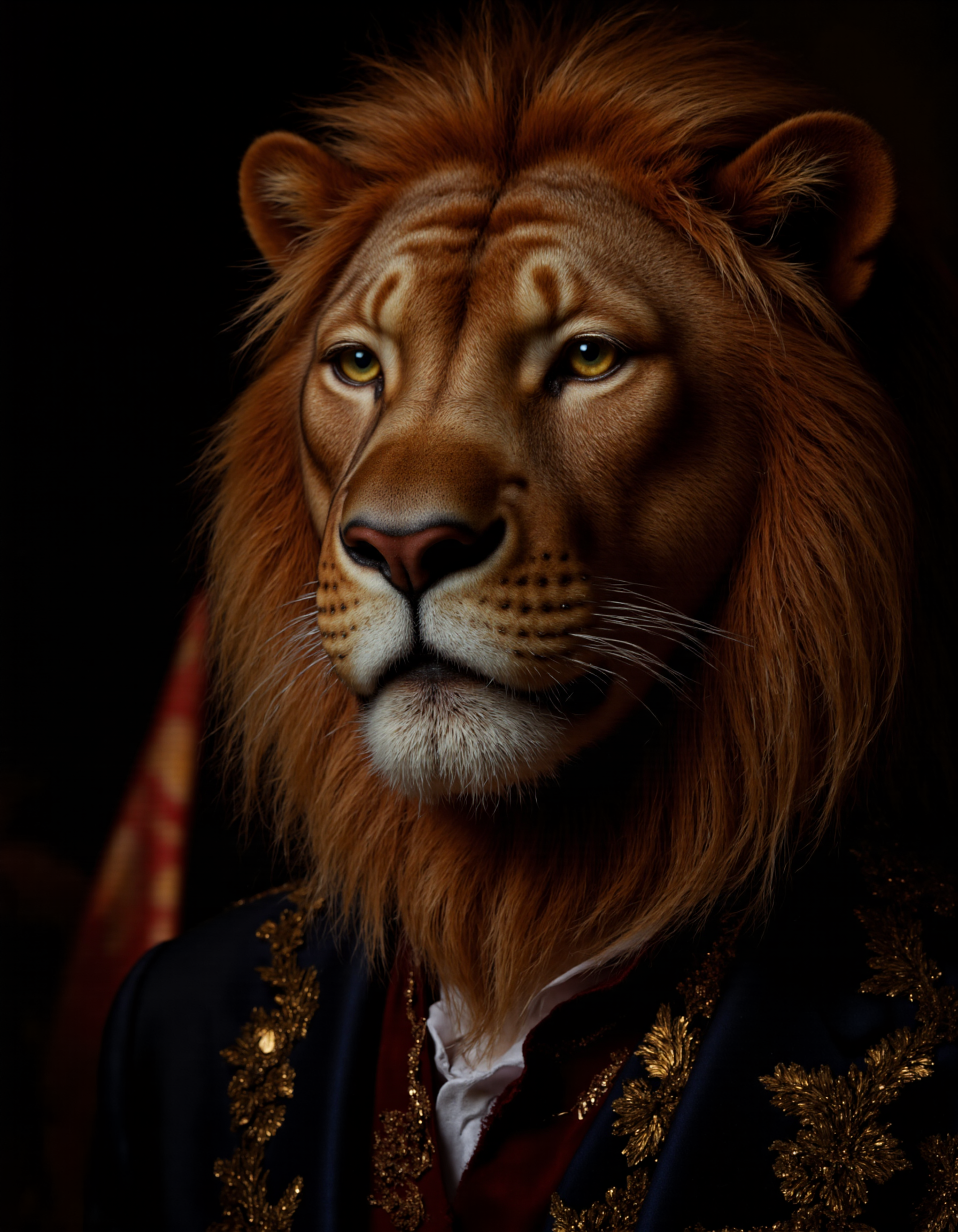 <lora:humanimality2:1>, Rembrandt style Portrait of antropomorphic mature animal man with lion face dressed businnessuit in the dark, elegant, highly detailed, cute, dramatic light, divine background, intricate, sharp focus, beautiful, attractive, bright glowing, very expressive, colorful, deep rich colors, ambient, epic composition, excellent dynamic, cinematic atmosphere, great professional, fine detail, extremely aesthetic, inspirational . Baroque, chiaroscuro, realistic, emotional, "flat lighting