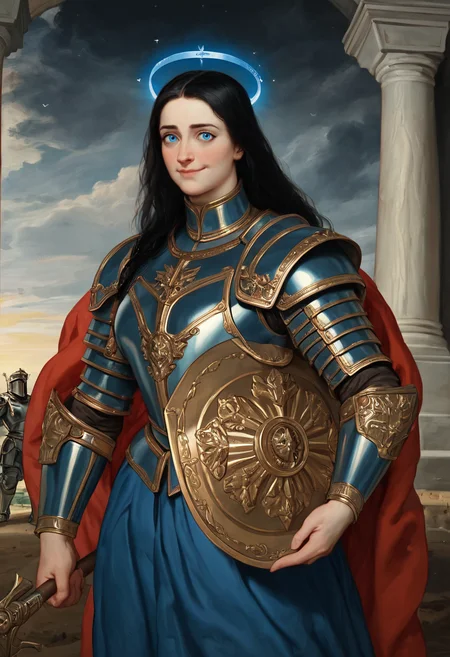 score_9, score_8_up, score_7_up, score_6_up, BREAK
a gorgeous woman: long black hair, intricate armor, blue eyes, wearing blue armor, brave, with blue halo, large blue crown, defender, protector, holding a shield, humble expression, shy smile, cinematic lighting, battlefield, curvy, <lora:PulenKompot-Peter Paul Rubens Style-PonyXL:1> rubens