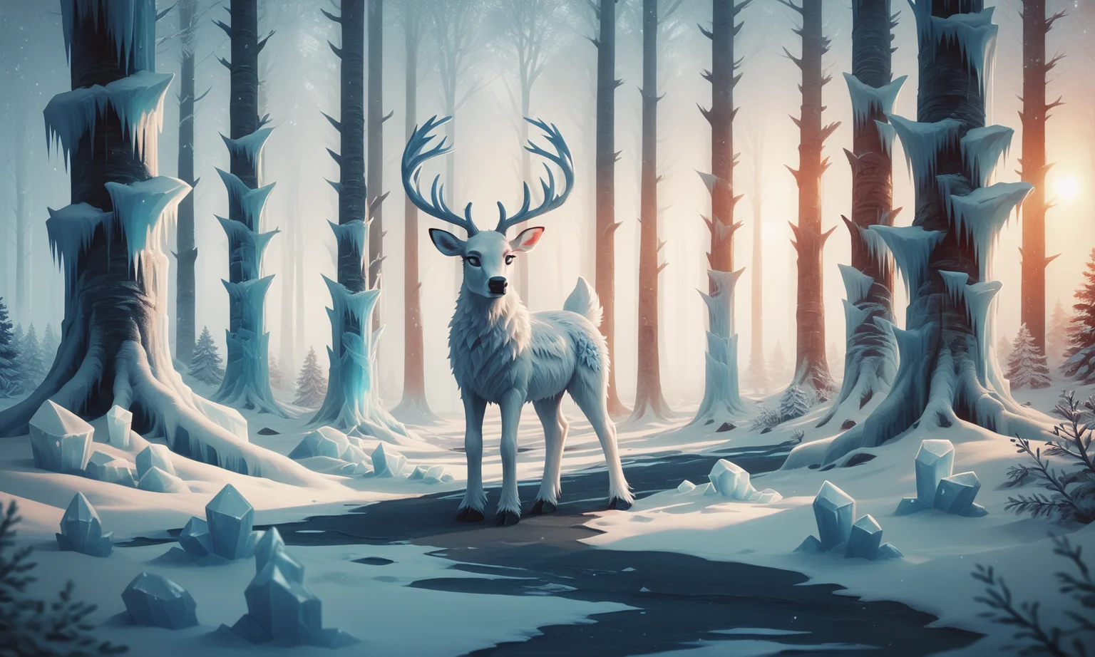 score_9, score_8_up, score_7_up, score_6_up, score_5_up, score_4_up, fr0stwrld, snow, ice, blue theme <lora:Fr0stWrld-000010:1> BREAK
forest, pine tree, animal, deer, white body, antlers