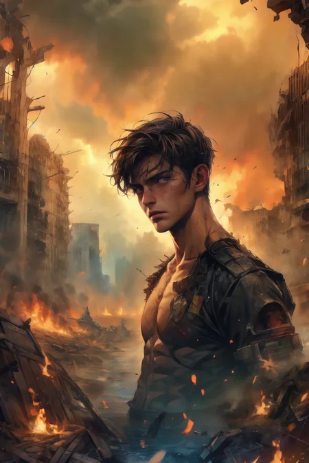 Wasteland Style, war, ruins, flames of war, tragic, miserable, portrait, 1boy, 20 years old, handsome, (Clear and sincere eyes:1.2), shirtless,
<lora:add_detail:1>, <lora:Wasteland:1>,<lora:çµå½±ï¼æµ·æ¥_1:1>
