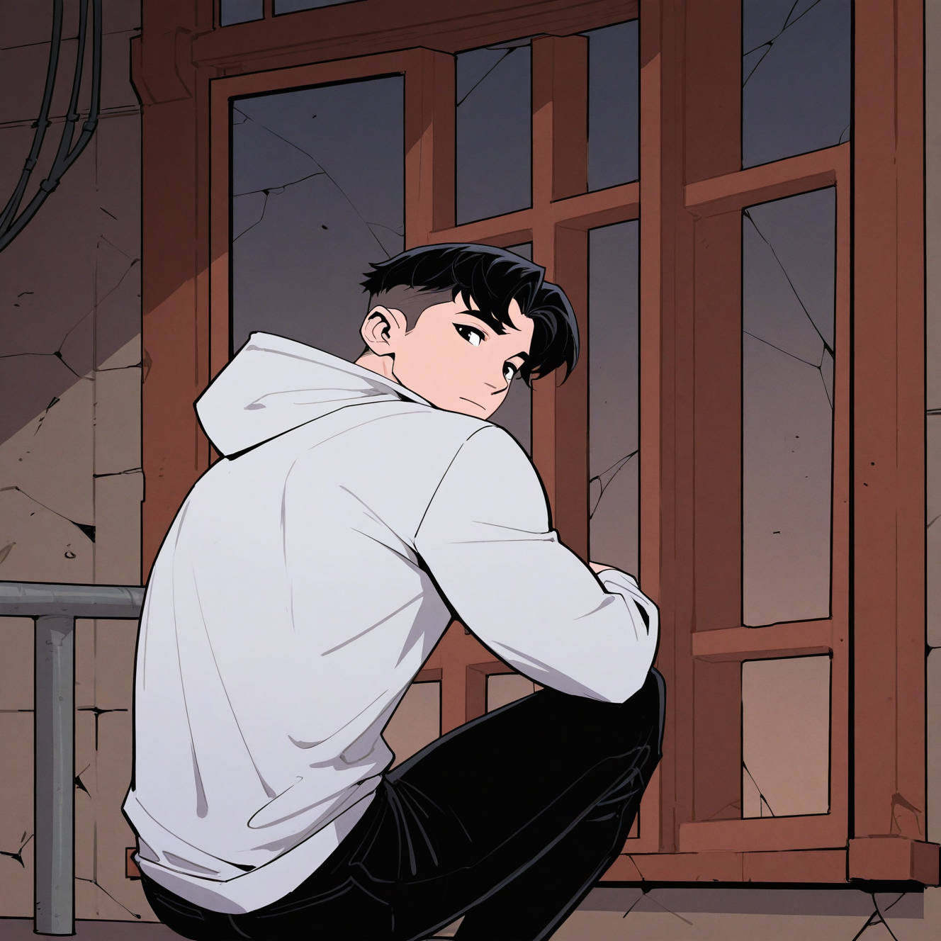 <lora:TIM_DRAKE:1>tim_drake, solo, looking at viewer, short hair, black hair, long sleeves, 1boy, closed mouth, sitting, male focus, pants, indoors, hood, black eyes, window, hoodie, black pants, hood down, railing, white hoodie, crack, grey hoodie, industrial pipe, open window, cracked wall, looking back, from behind, feet out of frame, thick eyebrows, undercut, balcony, twenty-something, muscular, western comics (style), motion blur, film grain, abstract, natural lighting, fantasy, cinematic, dynamic, very awa, masterpiece, best quality, absurdres, newest, perfect quality, detailed background, intricate details, (artist:fl \(l-fl\):0.7), (artist:tooboshoo:0.7), (artist:dizdoodz:0.8)