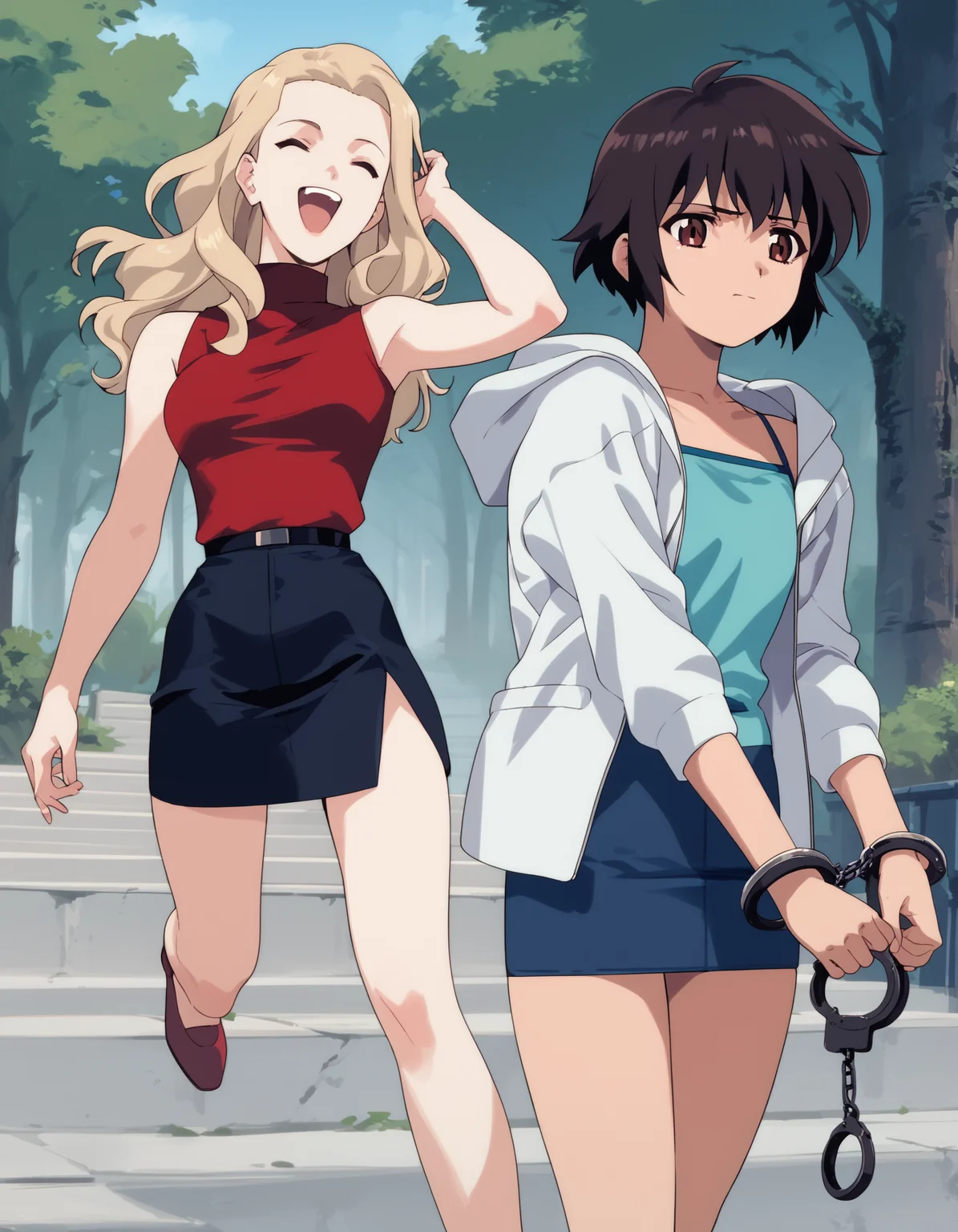 score_9, score_8_up, score_7_up, score_6_up, score_5_up, score_4_up
<lora:noir-2x-ponyxl-000016:0.5>
2girls, arrest, outdoors
BREAK
nwrmir, blonde hair, sleeveless turtleneck, red shirt, pencil skirt, laughing
BREAK
yuumura kirika, camisole, blue shirt, hoodie, white hoodie, pencil skirt, microskirt, casual, bound wrists, handcuffs, angry