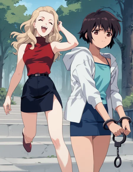 score_9, score_8_up, score_7_up, score_6_up, score_5_up, score_4_up
<lora:noir-2x-ponyxl-000016:0.5>
2girls, arrest, outdoors
BREAK
nwrmir, blonde hair, sleeveless turtleneck, red shirt, pencil skirt, laughing
BREAK
yuumura kirika, camisole, blue shirt, hoodie, white hoodie, pencil skirt, microskirt, casual, bound wrists, handcuffs, angry