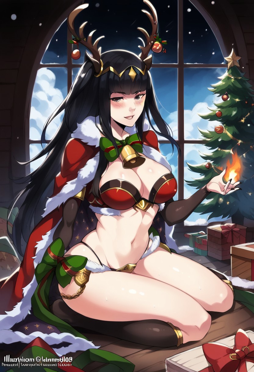 score_9, score_8_up, score_7_up,  <lora:dannex009:1>, uncensored, 1girl, TharjaWinter, black hair, long hair, antlers, bell, bikini, fur trim, large breasts, cape, cabin, fire place, Christmas tree, sitting