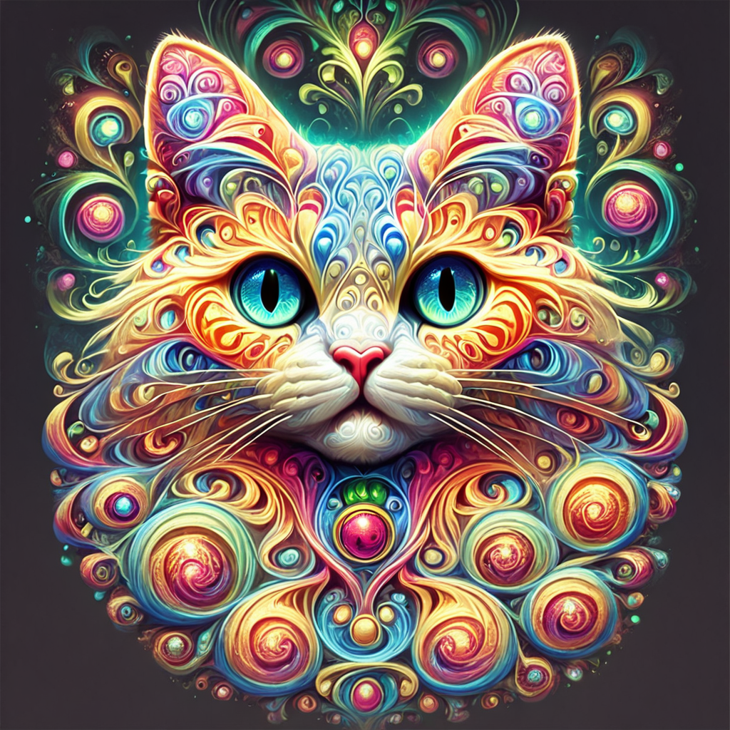 masterpiece,score_9,score_8_up,score_7_up,
psychedelicdream, cat,full body,solo,, colorful,glow,
, <lora:PsychedelicDream-pony-8:0.8>,