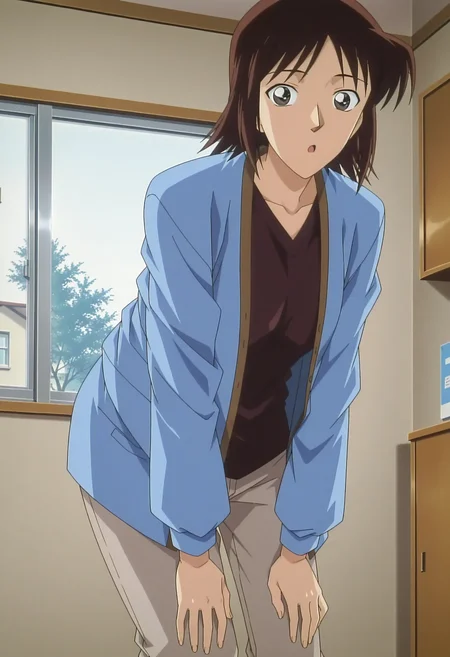 1girl,solo,masterpiece,best quality,1990s \(style\),anime screenshot,anime coloring,
<lora:shimamura_sachiko_conan_v1_IL:0.9>,shimamura sachiko,mature female,parted bangs,black hair,brown hair,medium hair,long sleeves,aqua hanten \(clothes\), dark purple shirt,light grey pants,
<lora:dmd2_sdxl_4step:1>,looking at viewer,indoors,window, day, looking back, :o, feet out of frame, home,