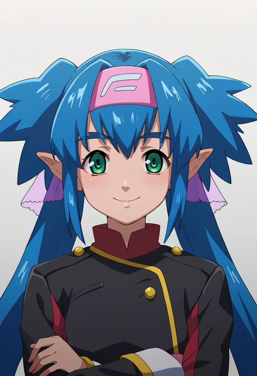score_9,score_8_up,score_7_up,score_6_up,score_5_up,score_4_up,anime coloring,source_anime,<lora:Klan_Klang_Macross_Frontier_Pony:0.8>,klans,1girl,green eyes,pointy ears,blue hair,long hair,quad tails,headband,sms uniform,smile,multicolored background,portrait,upper body,looking at viewer,