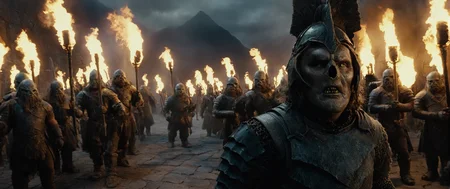 Horror-themed, <lora:The Lord of the Rings style v2:0.8>
<lora:The Lord of the Rings style:0.6>
<lora:Chiaroscuro Lighting Style:0.4>
In a Fantasy Middle-earth world in the dark ages Orcs a Orcman in a costume holding torches in his hands,ork,humanoid monsters,1boy,holding,weapon,male focus,multiple boys,holding weapon,armor,facial hair,helmet,fire,crown,staff,facing viewer,beard,holding staff,torch , dramatic light, dramatic shadow light, film contrast, cinematic film color, cinematic film look, filmic, realistic, realism, perfection, perfect, movie still, fantasy drama, epic drama, fictional, Age of Wonders, Age of Empires, warriors, Medieval style, middle ages, dungeons and dragons style, different people, different, unique, kingdoms and castles, violent, aggressive, detailed, perfection, detailed face, detailed body, detailed hands, detailed eyes, sharp, horror themed, dark themed, epic fantasy adventure film style, Legendary, mythical, The Lord of the Rings style, Eerie, unsettling, dark, spooky, suspenseful, grim, highly detailed